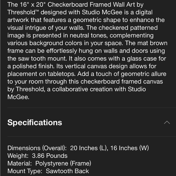 Studio McGee Threshold 16" × 20" Checkerboard Framed Wall Art *NEW* - Picture 5 of 6